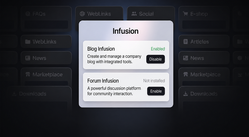 PHPFusion infusion management interface showing blog and forum modules