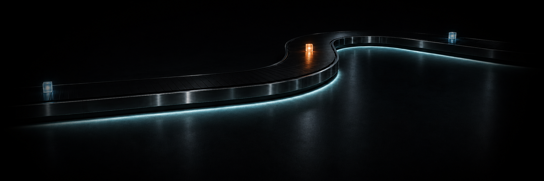 Dark illuminated conveyor path representing modular PHPFusion workflows
