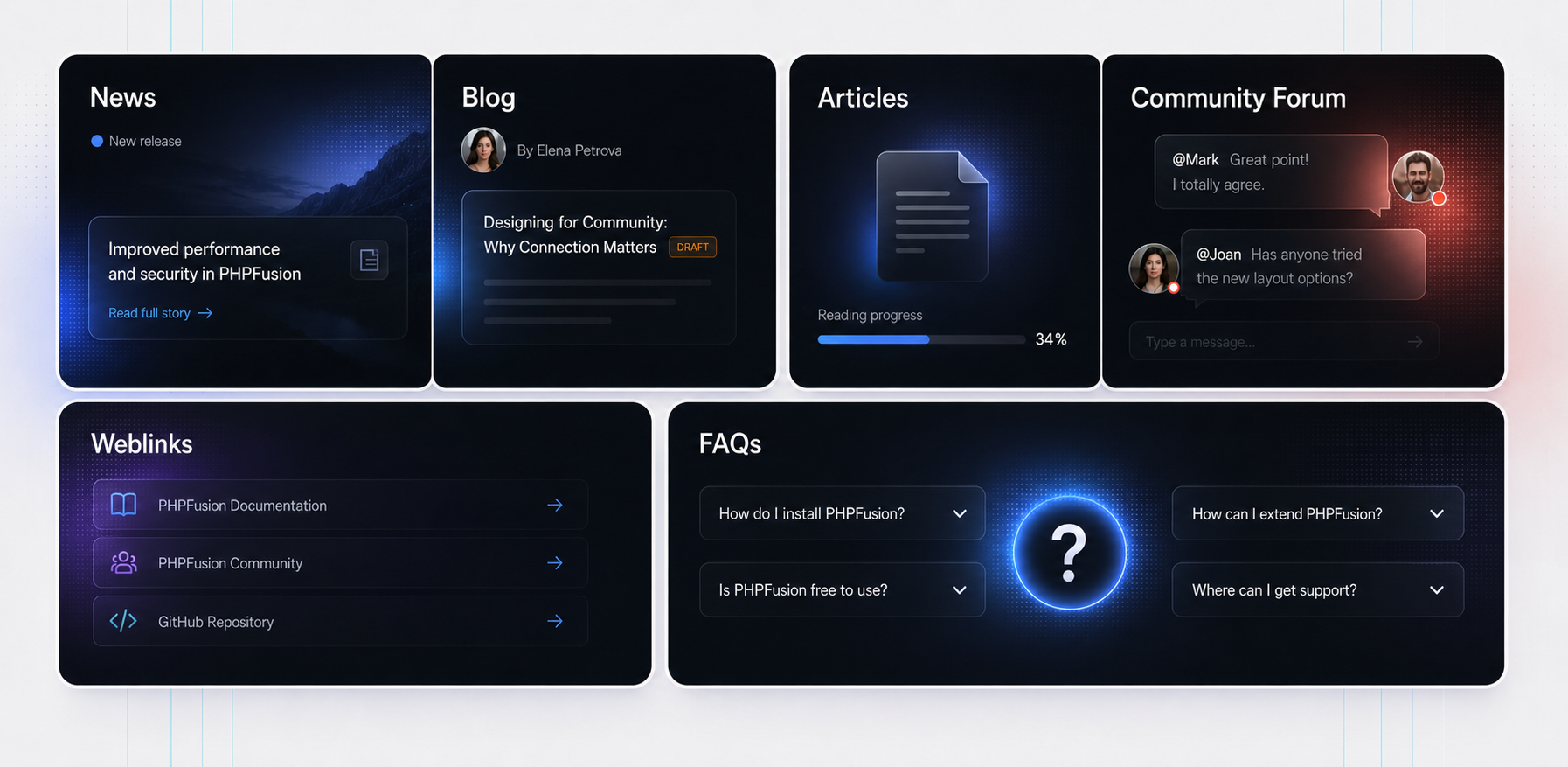 PHPFusion content ecosystem with news, blog, articles, community forum, web links, and FAQs