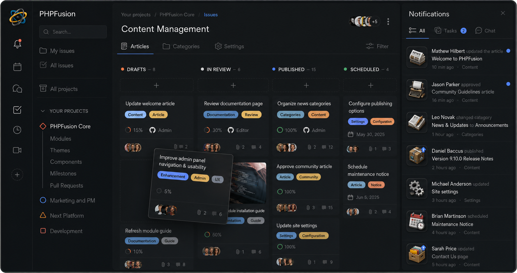 PHPFusion content management browser window with issue-style columns and notifications